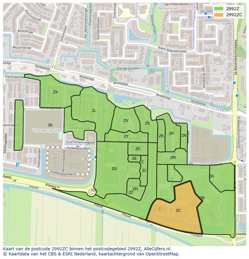 Afbeelding van het postcodegebied 2992 ZC op de kaart.