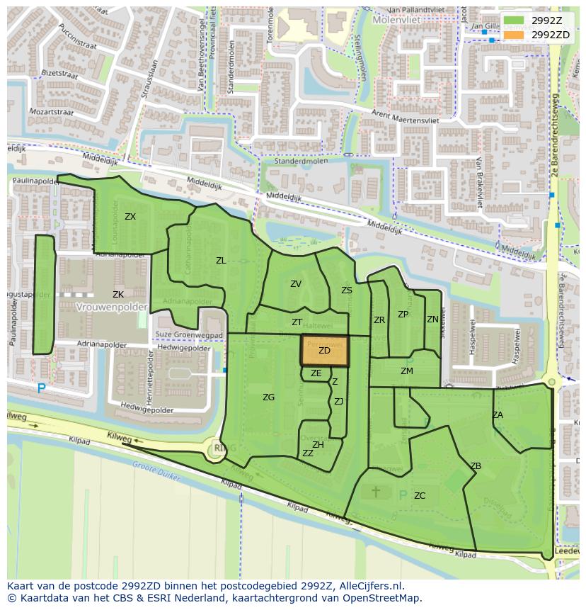 Afbeelding van het postcodegebied 2992 ZD op de kaart.