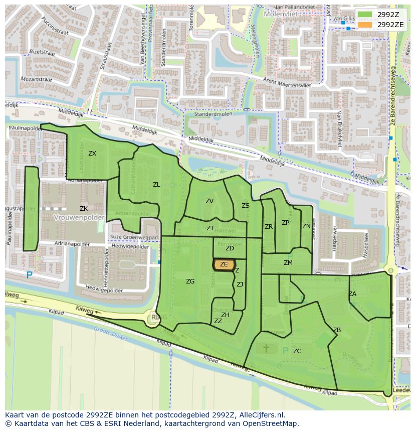 Afbeelding van het postcodegebied 2992 ZE op de kaart.
