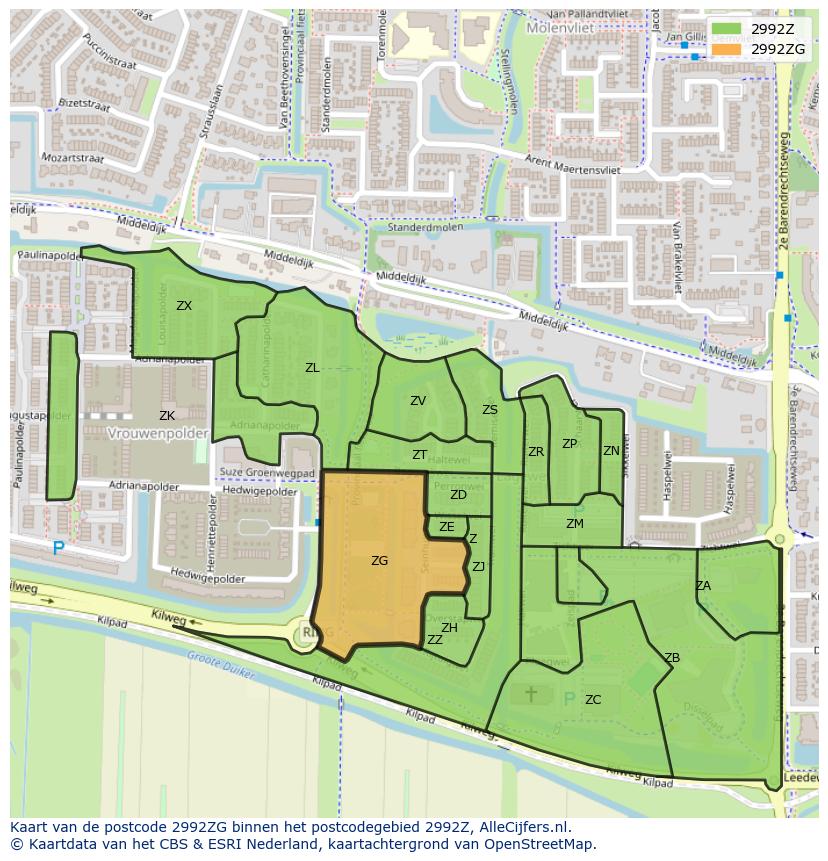 Afbeelding van het postcodegebied 2992 ZG op de kaart.