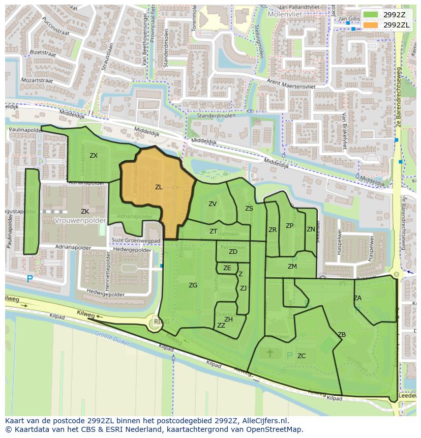 Afbeelding van het postcodegebied 2992 ZL op de kaart.