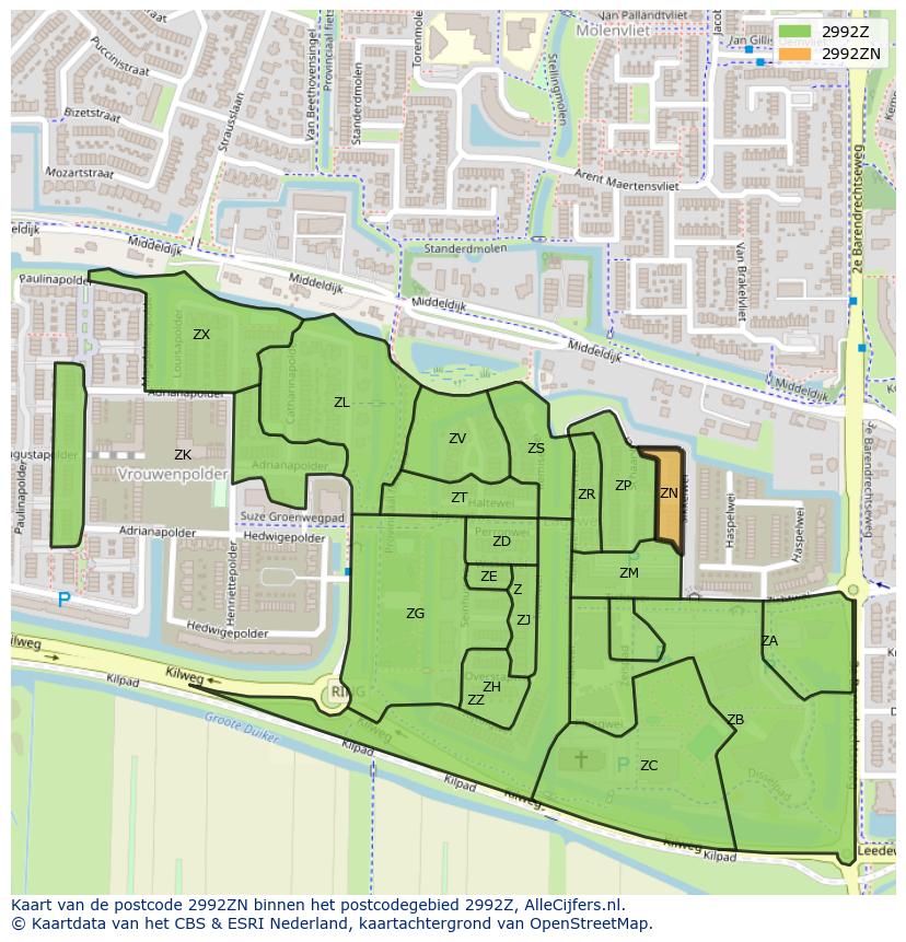 Afbeelding van het postcodegebied 2992 ZN op de kaart.