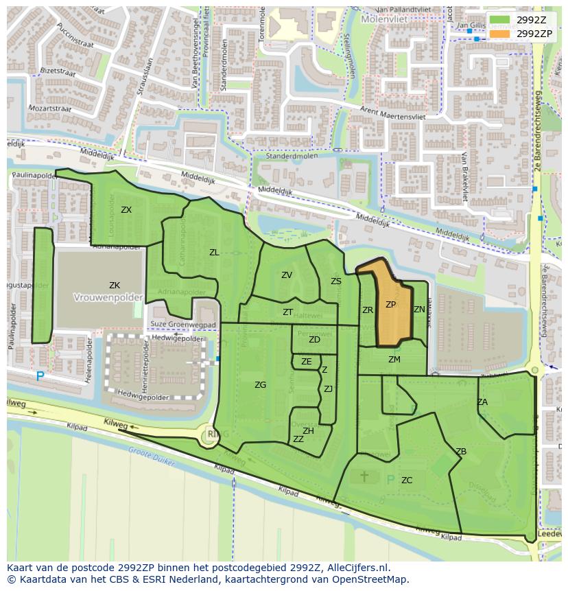 Afbeelding van het postcodegebied 2992 ZP op de kaart.