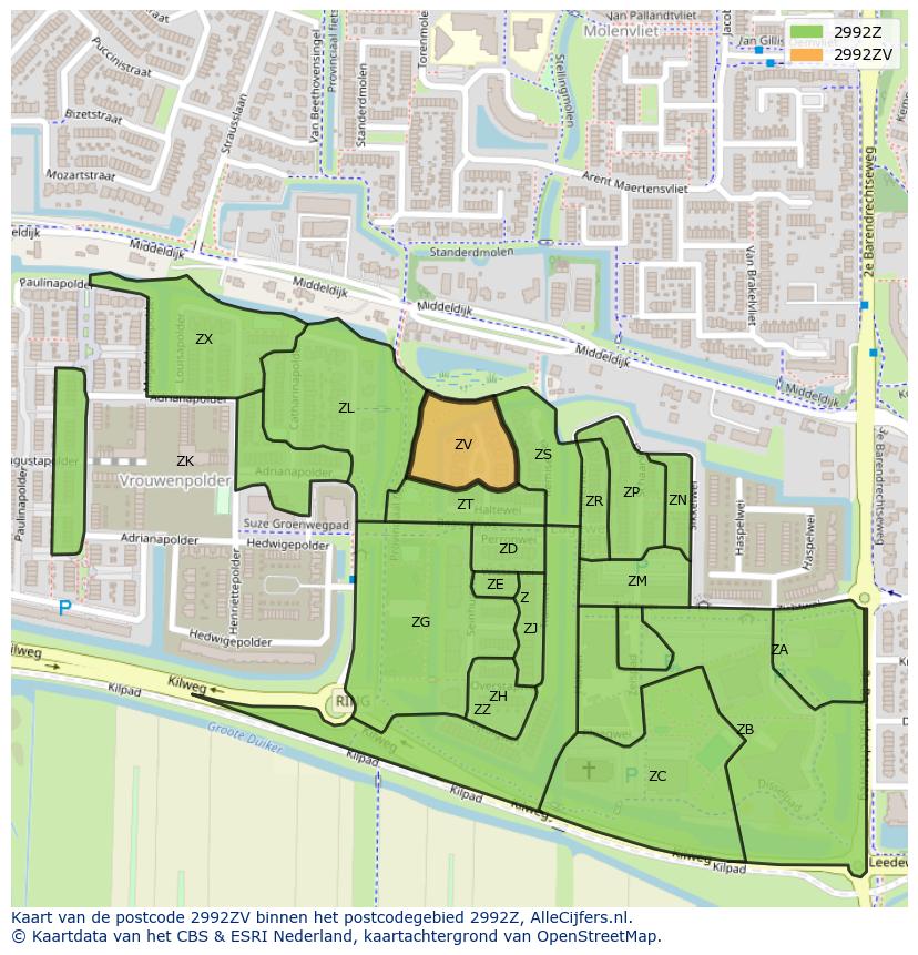 Afbeelding van het postcodegebied 2992 ZV op de kaart.