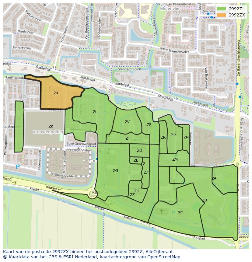Afbeelding van het postcodegebied 2992 ZX op de kaart.
