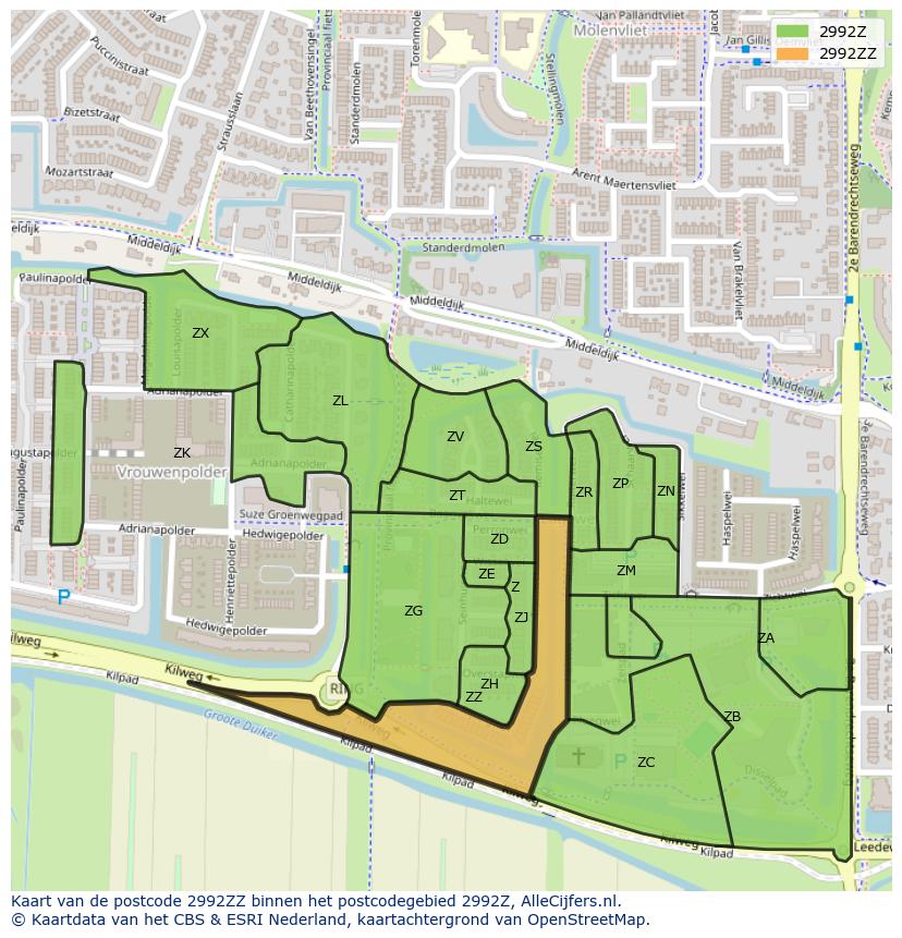 Afbeelding van het postcodegebied 2992 ZZ op de kaart.