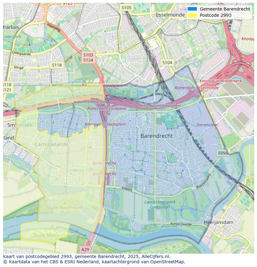 Afbeelding van het postcodegebied 2993 op de kaart.