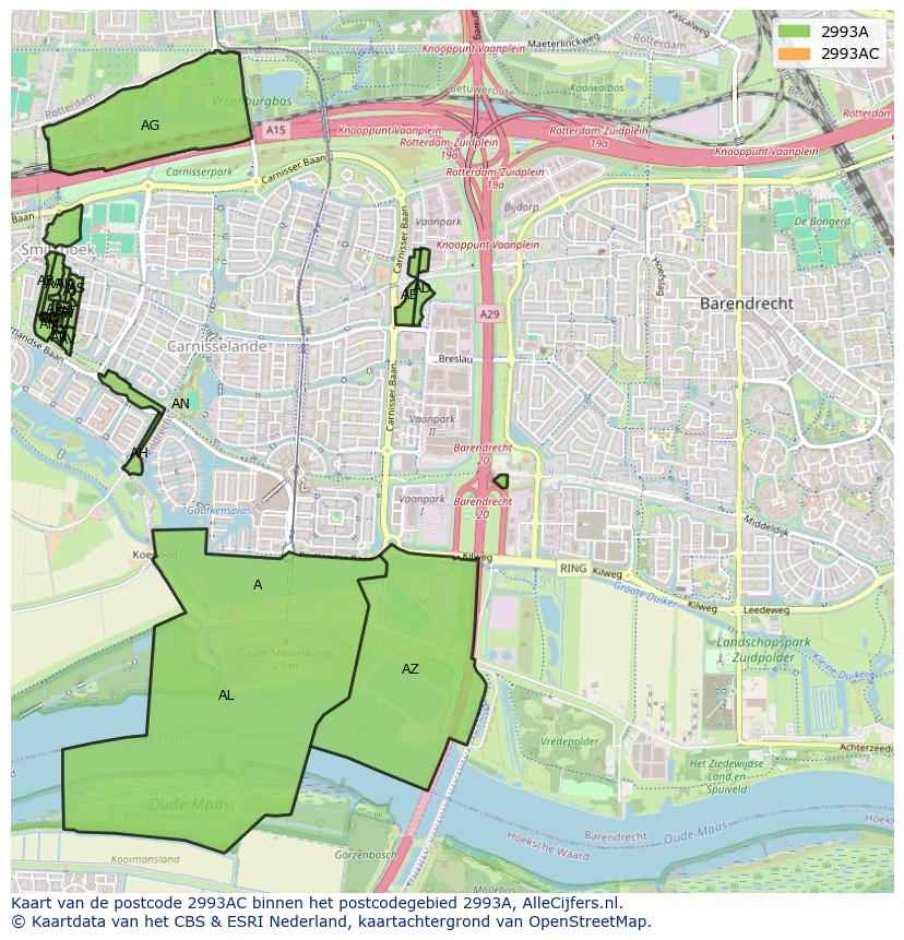Afbeelding van het postcodegebied 2993 AC op de kaart.