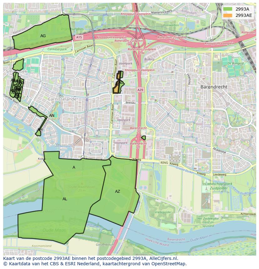 Afbeelding van het postcodegebied 2993 AE op de kaart.