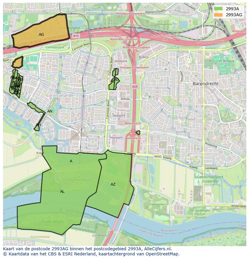 Afbeelding van het postcodegebied 2993 AG op de kaart.