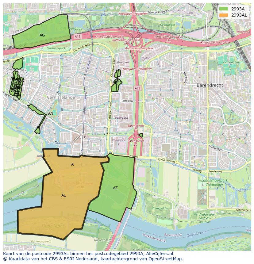 Afbeelding van het postcodegebied 2993 AL op de kaart.