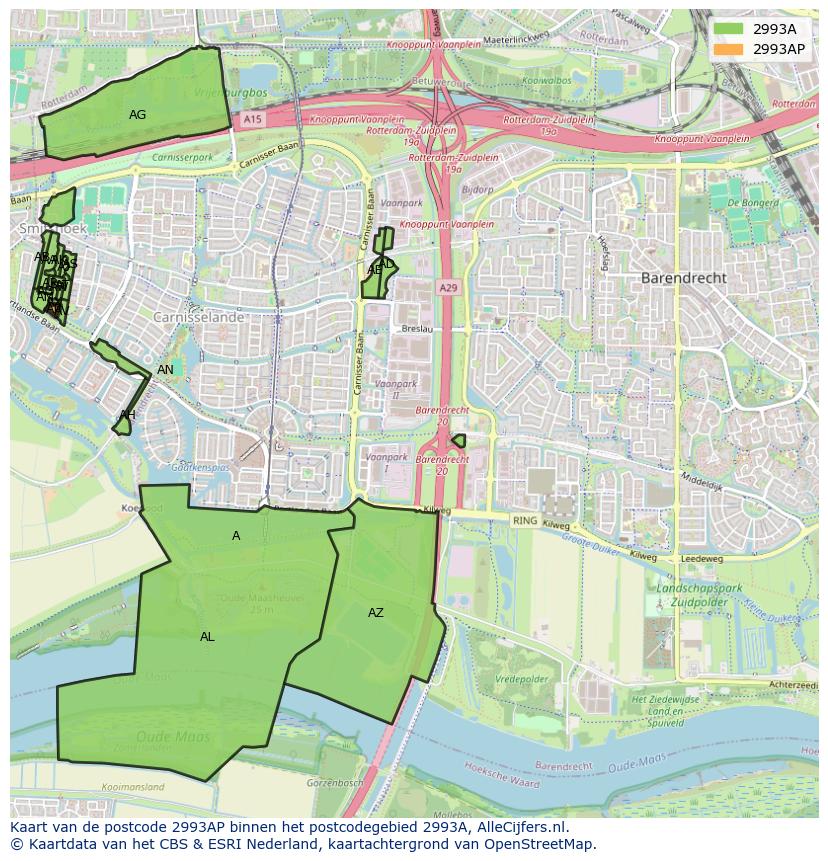 Afbeelding van het postcodegebied 2993 AP op de kaart.