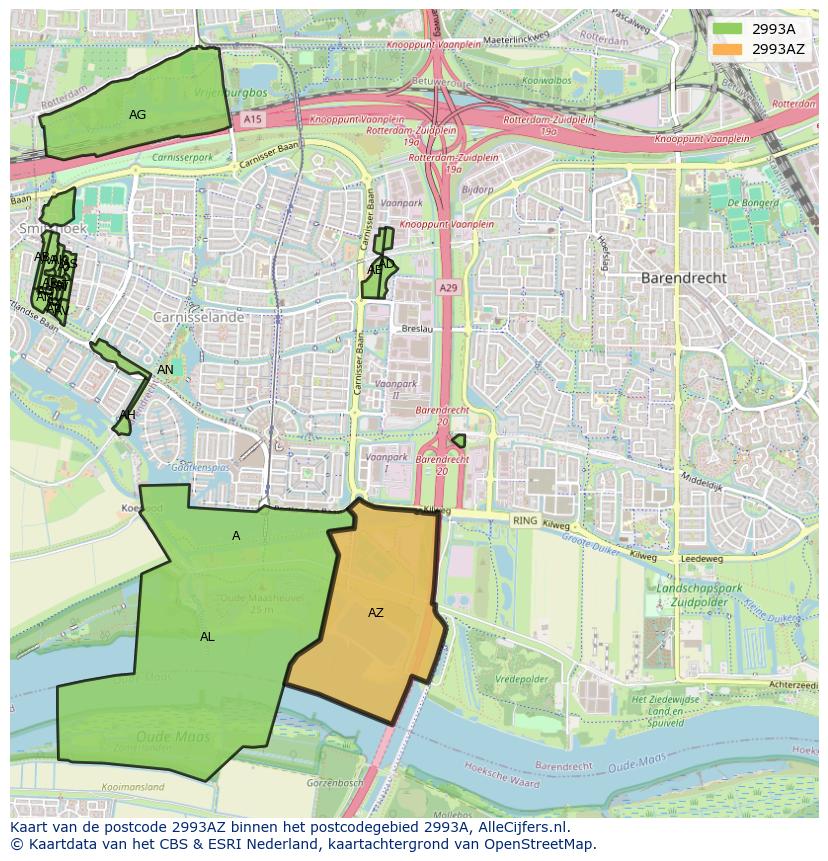 Afbeelding van het postcodegebied 2993 AZ op de kaart.