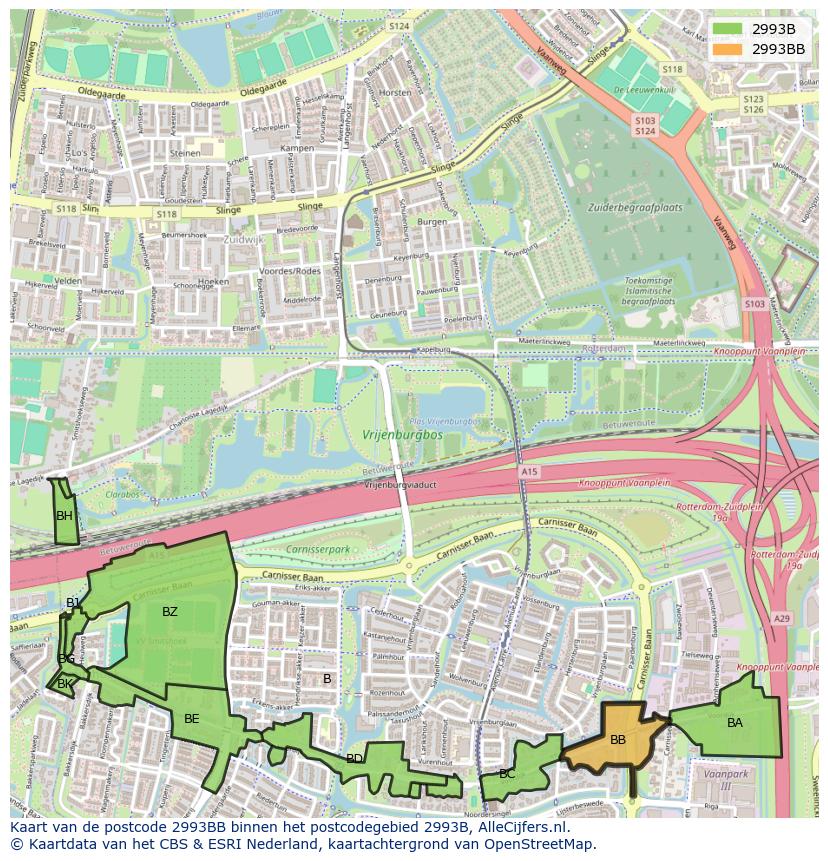 Afbeelding van het postcodegebied 2993 BB op de kaart.