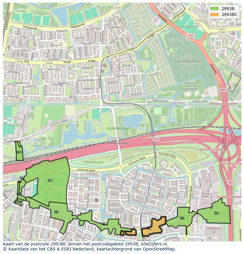 Afbeelding van het postcodegebied 2993 BC op de kaart.