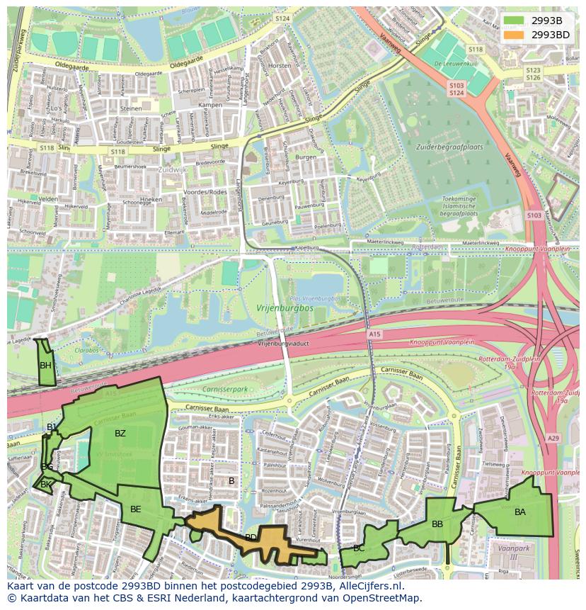 Afbeelding van het postcodegebied 2993 BD op de kaart.