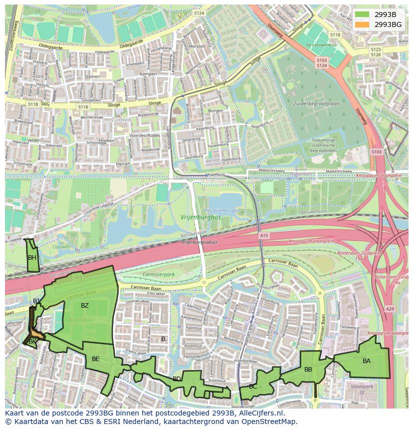 Afbeelding van het postcodegebied 2993 BG op de kaart.