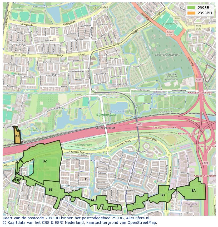 Afbeelding van het postcodegebied 2993 BH op de kaart.