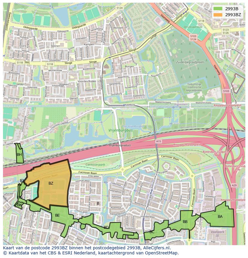 Afbeelding van het postcodegebied 2993 BZ op de kaart.