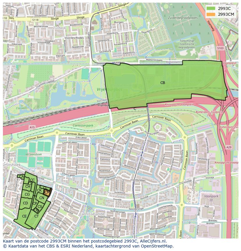 Afbeelding van het postcodegebied 2993 CM op de kaart.