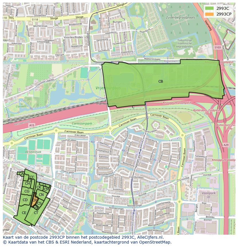 Afbeelding van het postcodegebied 2993 CP op de kaart.