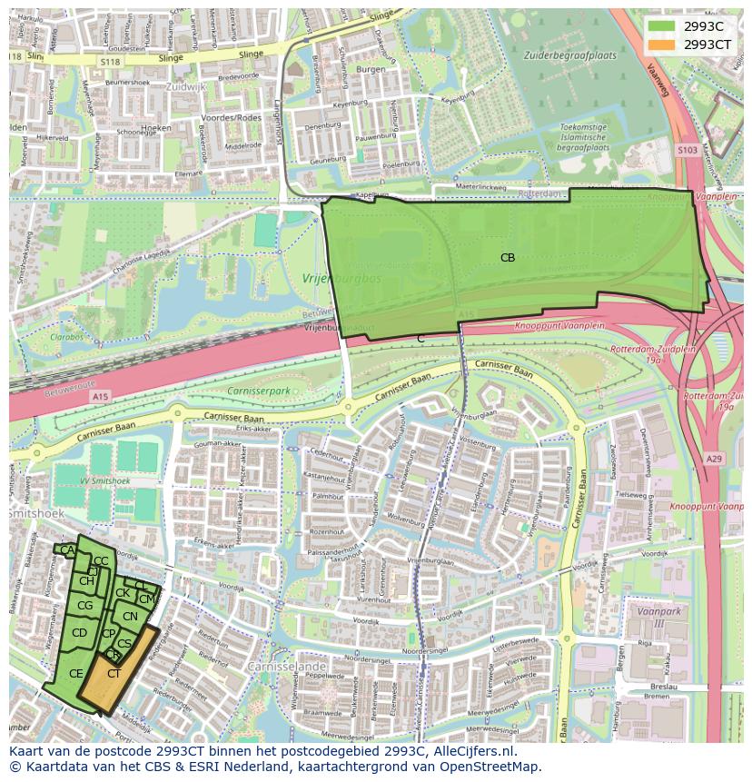 Afbeelding van het postcodegebied 2993 CT op de kaart.