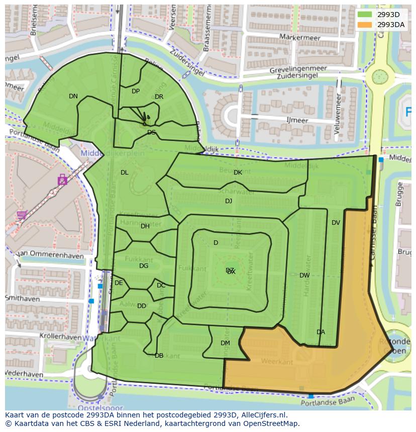 Afbeelding van het postcodegebied 2993 DA op de kaart.