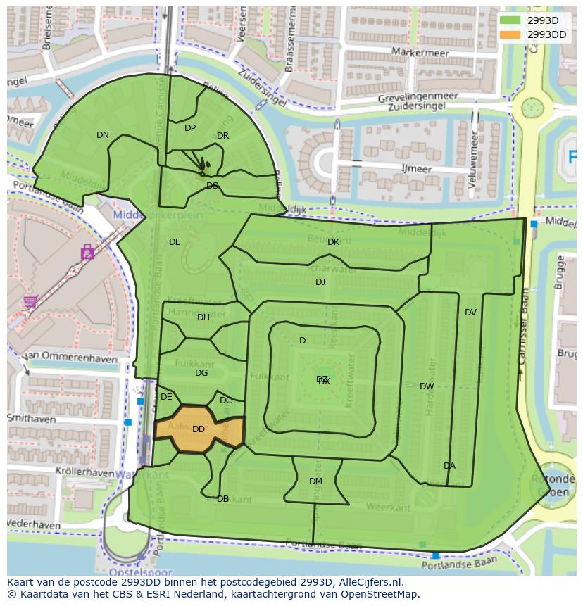 Afbeelding van het postcodegebied 2993 DD op de kaart.