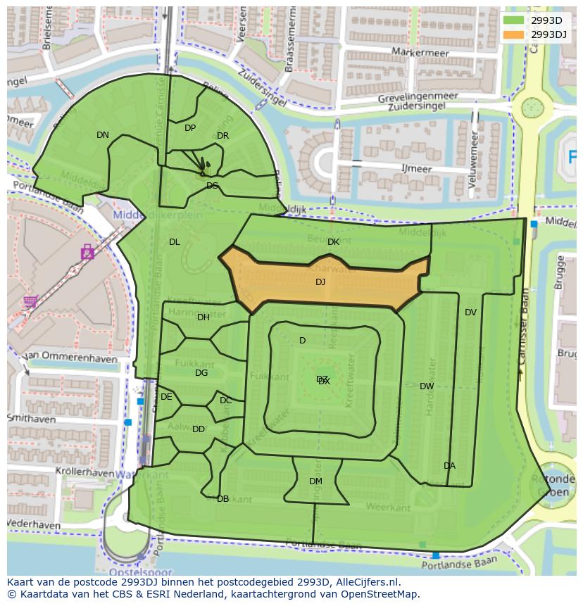 Afbeelding van het postcodegebied 2993 DJ op de kaart.