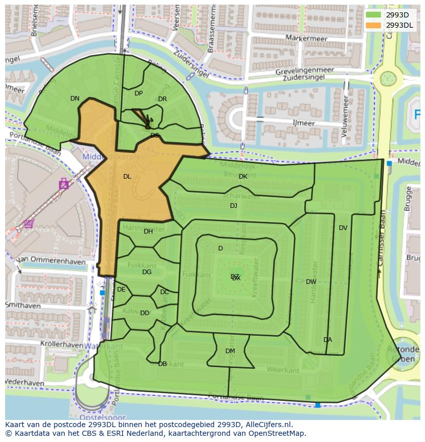 Afbeelding van het postcodegebied 2993 DL op de kaart.