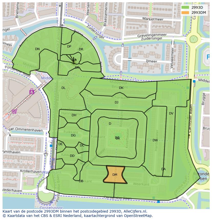 Afbeelding van het postcodegebied 2993 DM op de kaart.