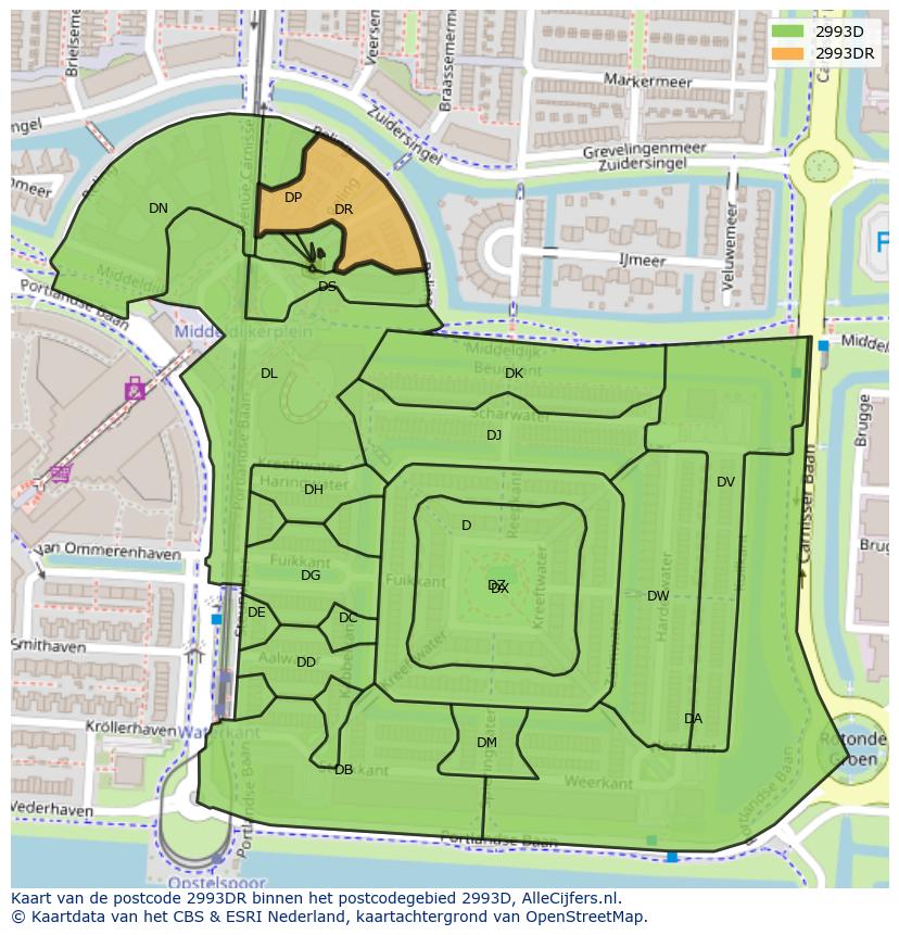 Afbeelding van het postcodegebied 2993 DR op de kaart.