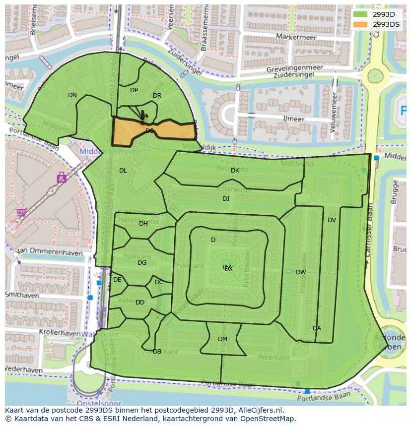 Afbeelding van het postcodegebied 2993 DS op de kaart.