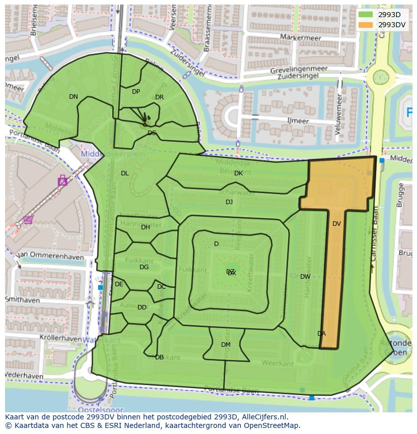 Afbeelding van het postcodegebied 2993 DV op de kaart.