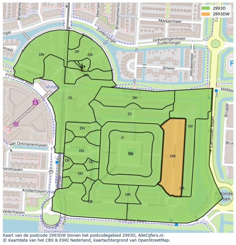 Afbeelding van het postcodegebied 2993 DW op de kaart.