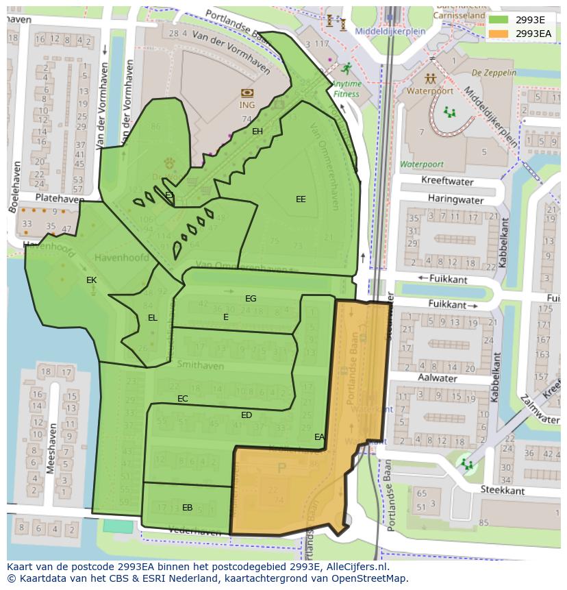 Afbeelding van het postcodegebied 2993 EA op de kaart.