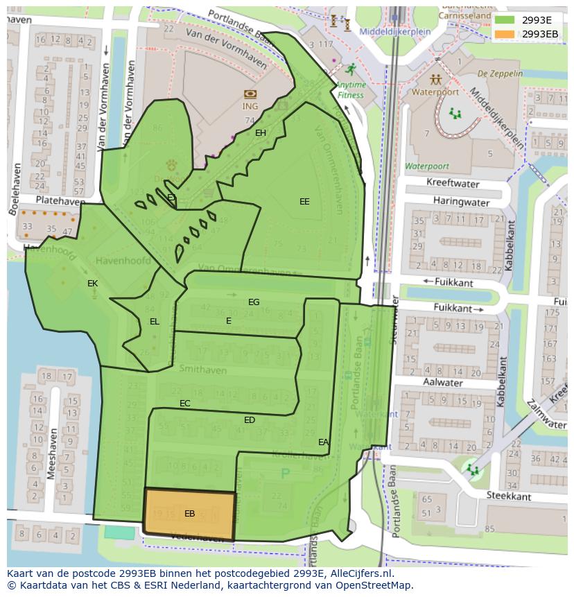 Afbeelding van het postcodegebied 2993 EB op de kaart.