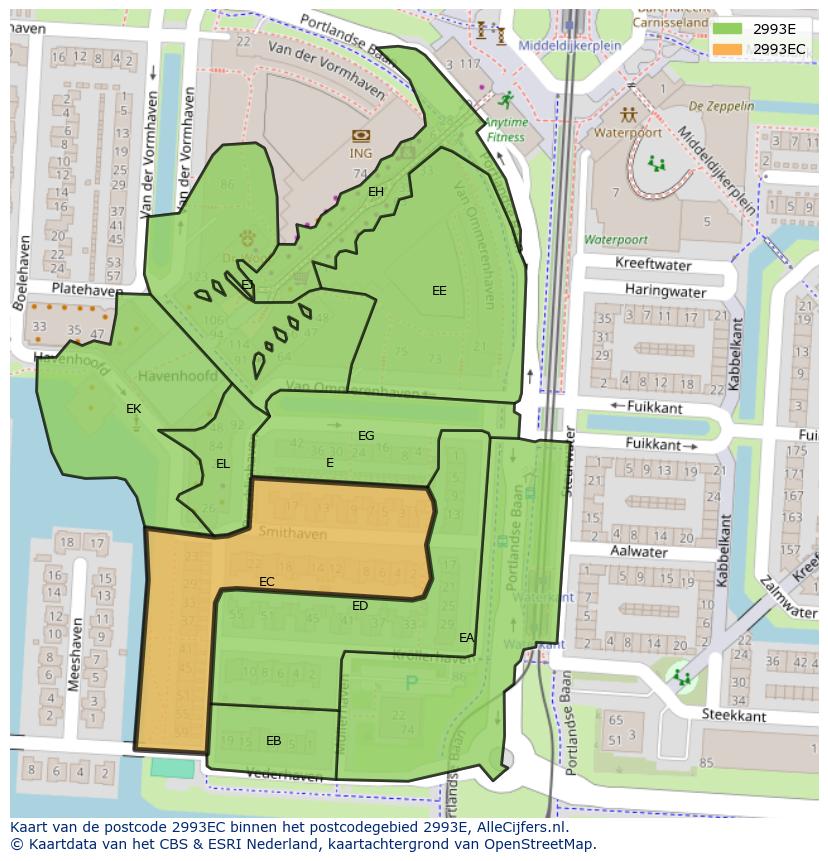 Afbeelding van het postcodegebied 2993 EC op de kaart.