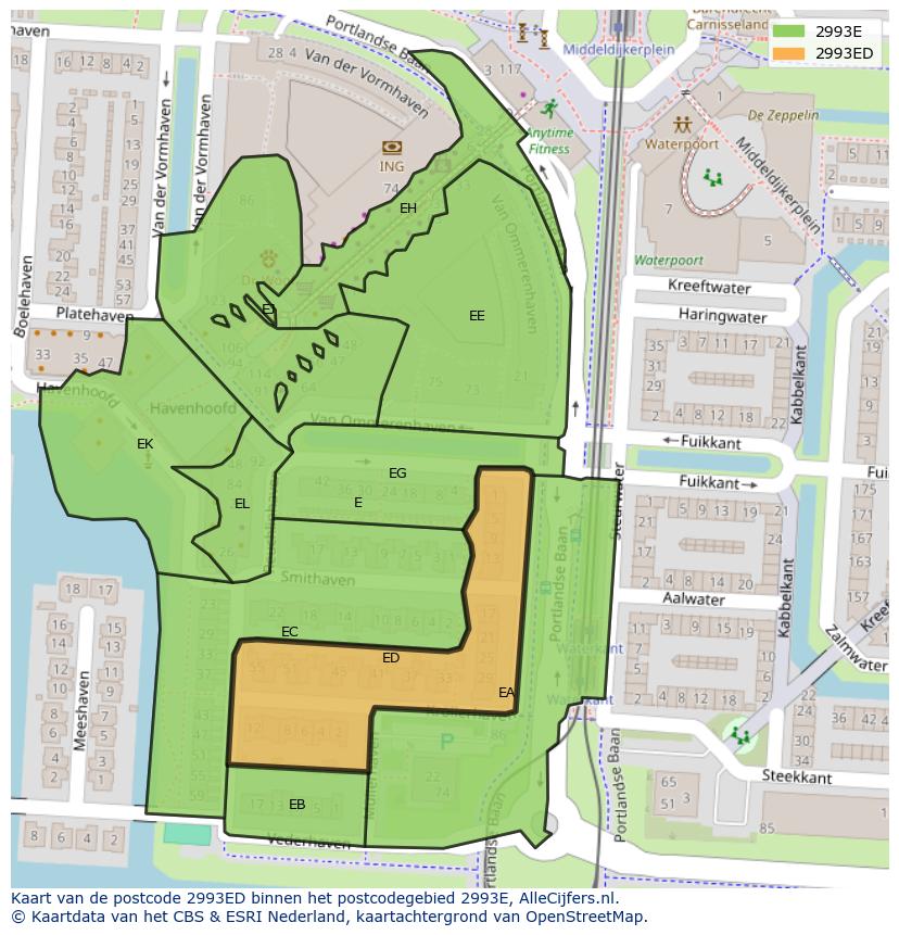 Afbeelding van het postcodegebied 2993 ED op de kaart.