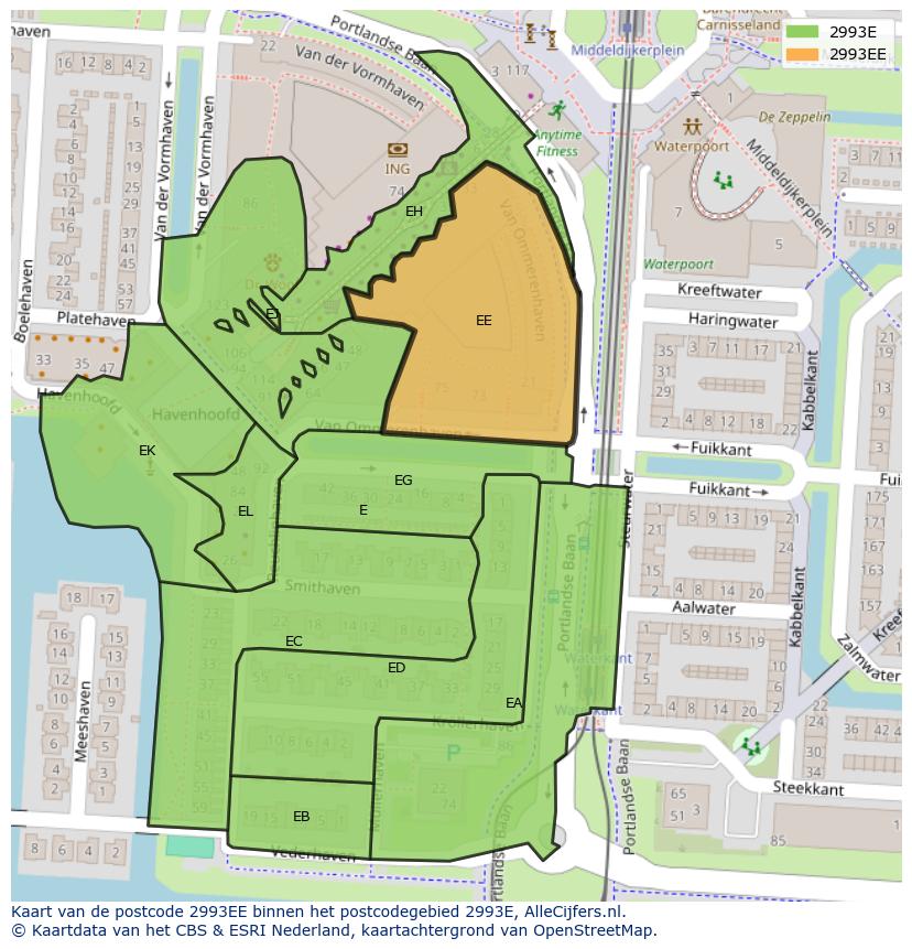 Afbeelding van het postcodegebied 2993 EE op de kaart.