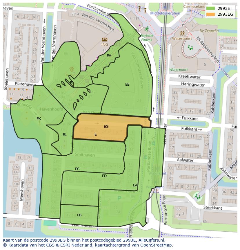 Afbeelding van het postcodegebied 2993 EG op de kaart.