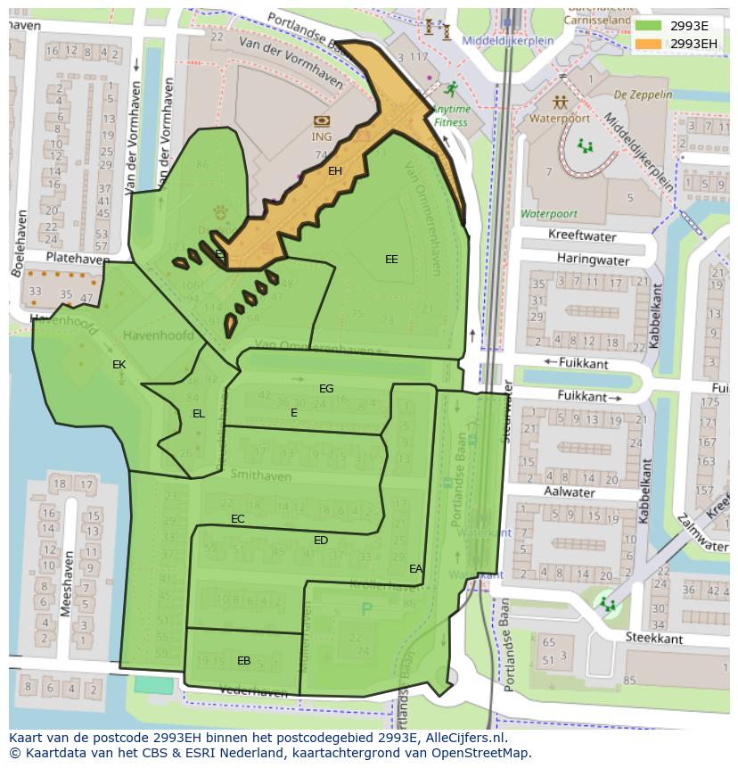 Afbeelding van het postcodegebied 2993 EH op de kaart.
