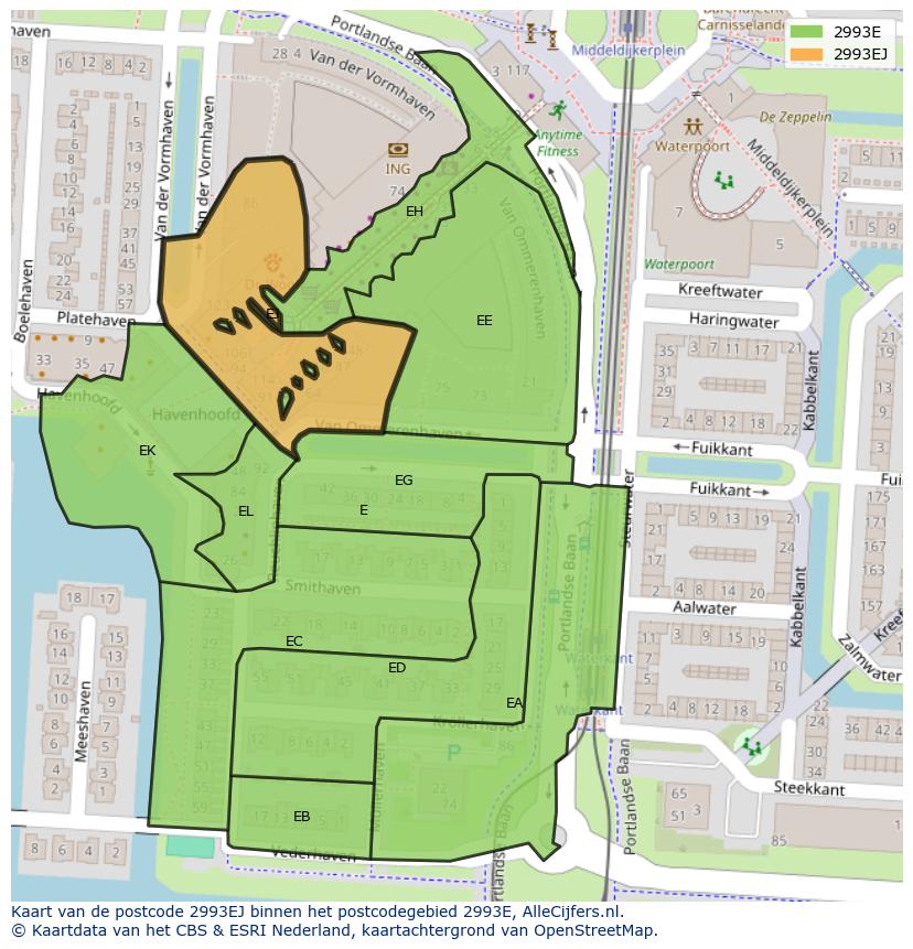 Afbeelding van het postcodegebied 2993 EJ op de kaart.