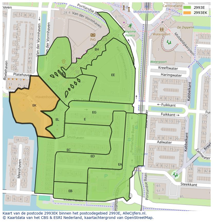 Afbeelding van het postcodegebied 2993 EK op de kaart.
