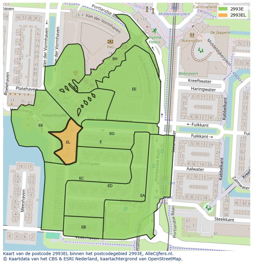 Afbeelding van het postcodegebied 2993 EL op de kaart.