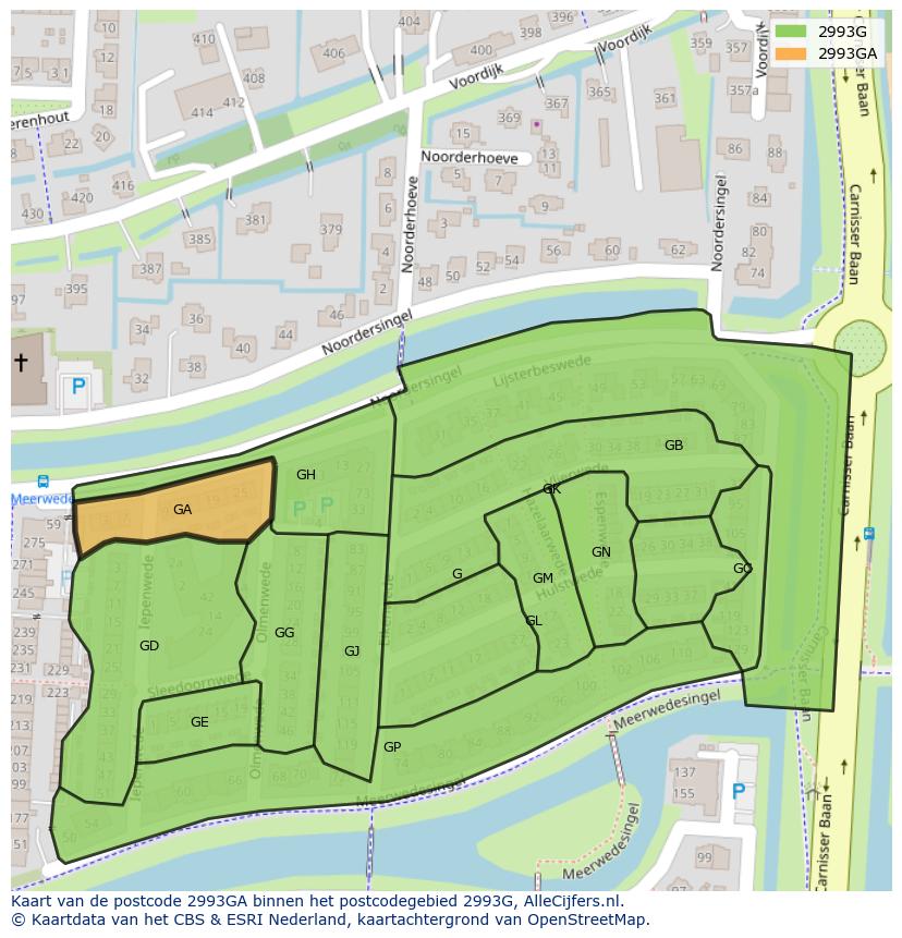 Afbeelding van het postcodegebied 2993 GA op de kaart.
