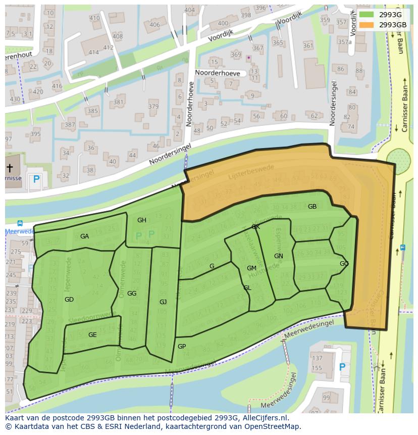 Afbeelding van het postcodegebied 2993 GB op de kaart.