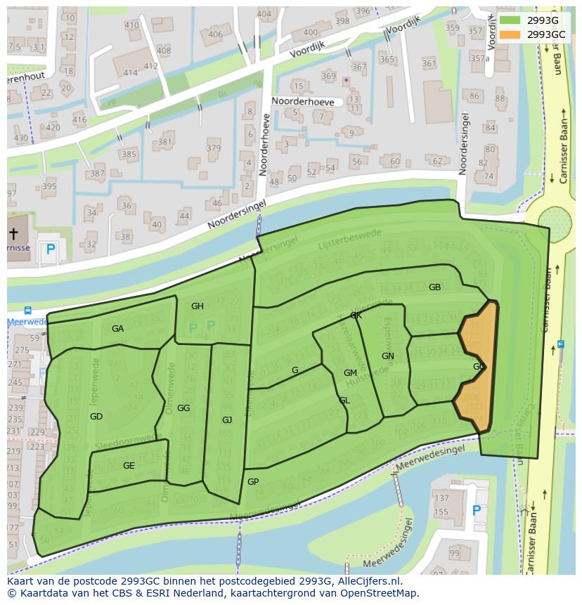 Afbeelding van het postcodegebied 2993 GC op de kaart.