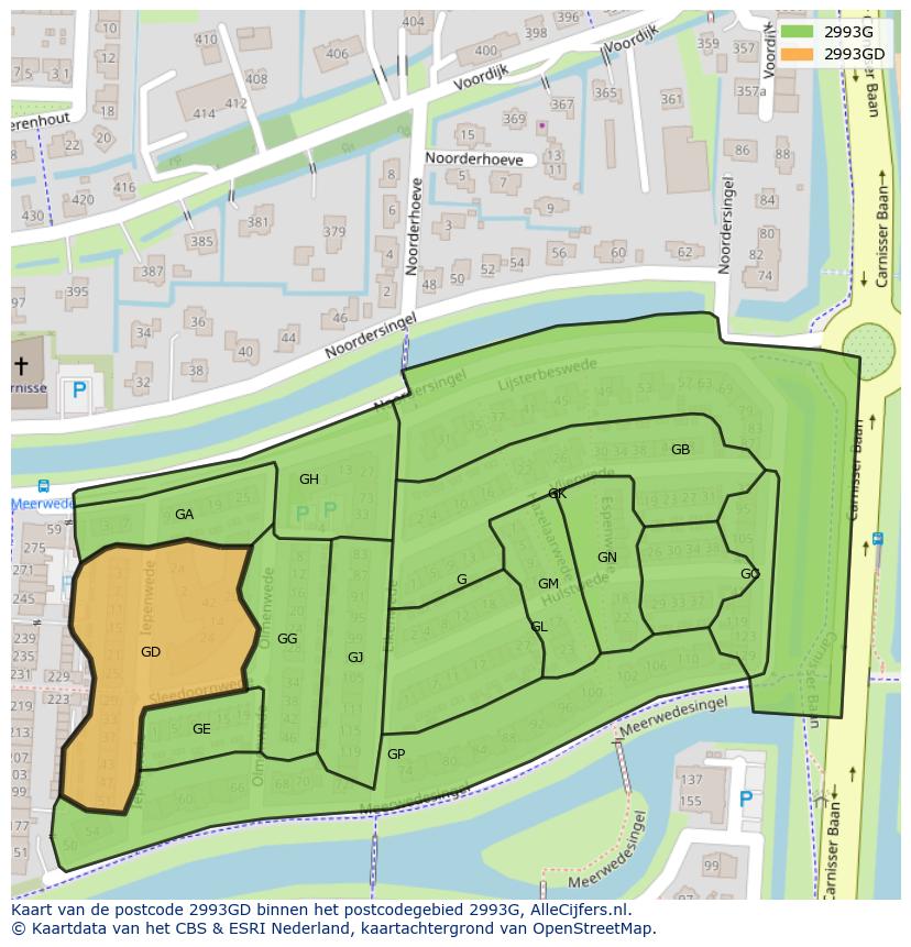Afbeelding van het postcodegebied 2993 GD op de kaart.