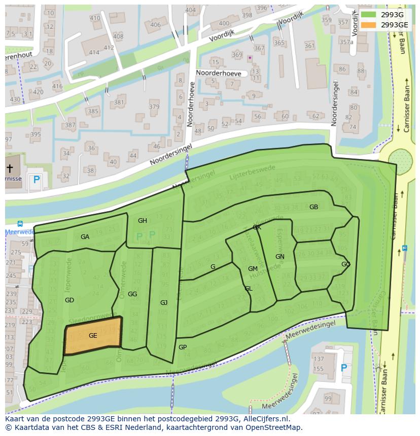 Afbeelding van het postcodegebied 2993 GE op de kaart.